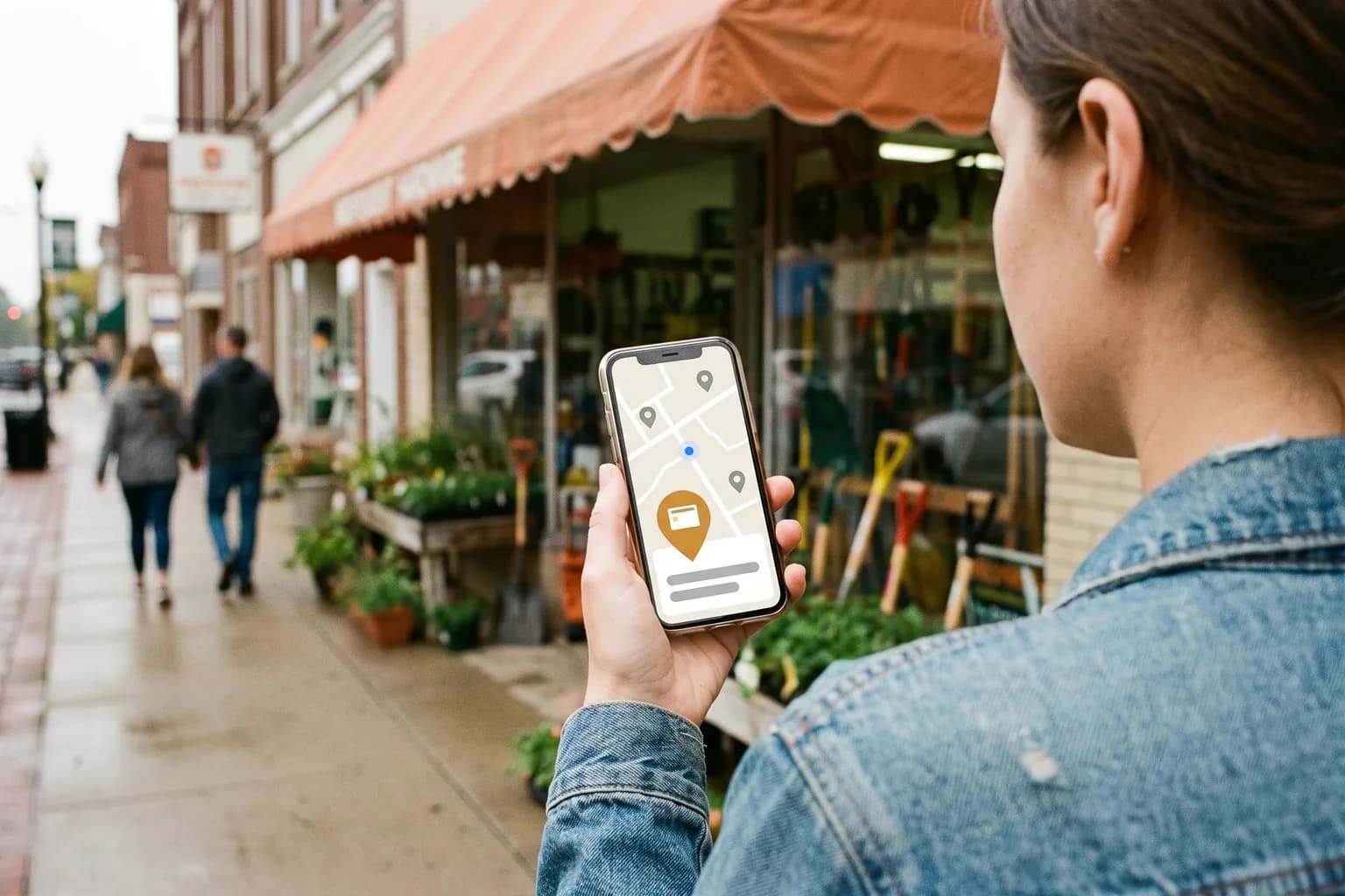 Seen over a woman's shoulder on a small-town sidewalk, a phone in her hand shows a map with location pins, and a hardware store with an orange awning stands out of focus beyond it.