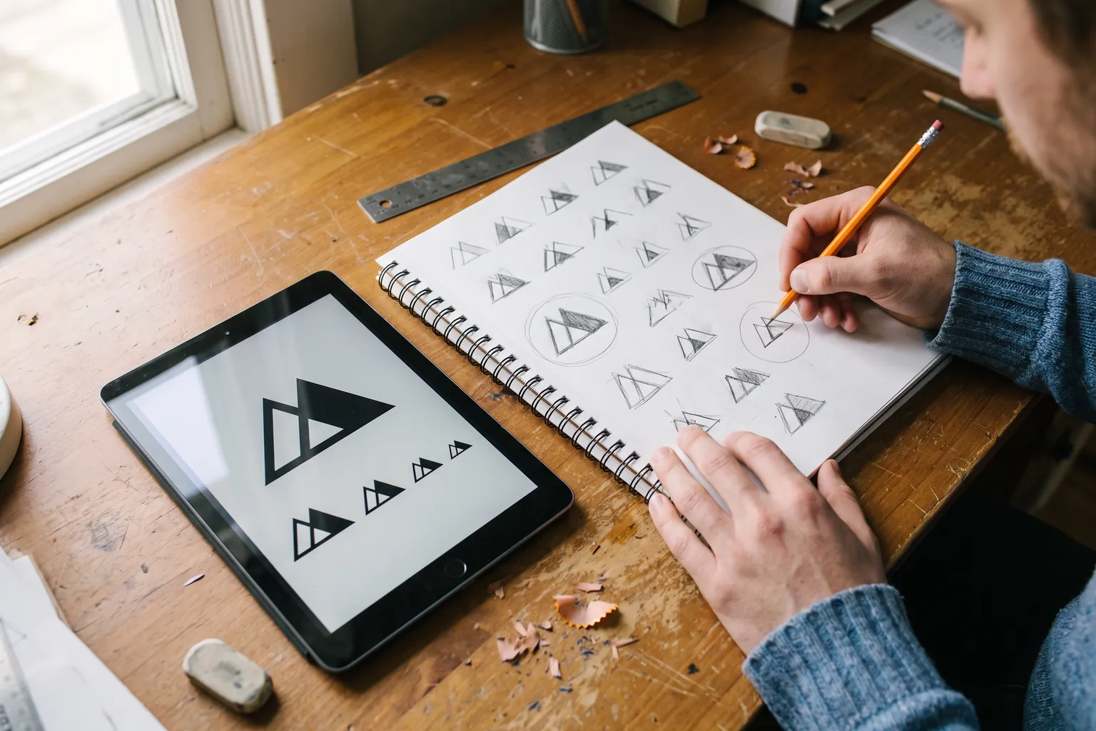 A designer's hands sketch rows of small mountain symbol studies in a spiral sketchbook with an orange pencil, beside a tablet showing the chosen symbol large and then repeated at shrinking sizes.