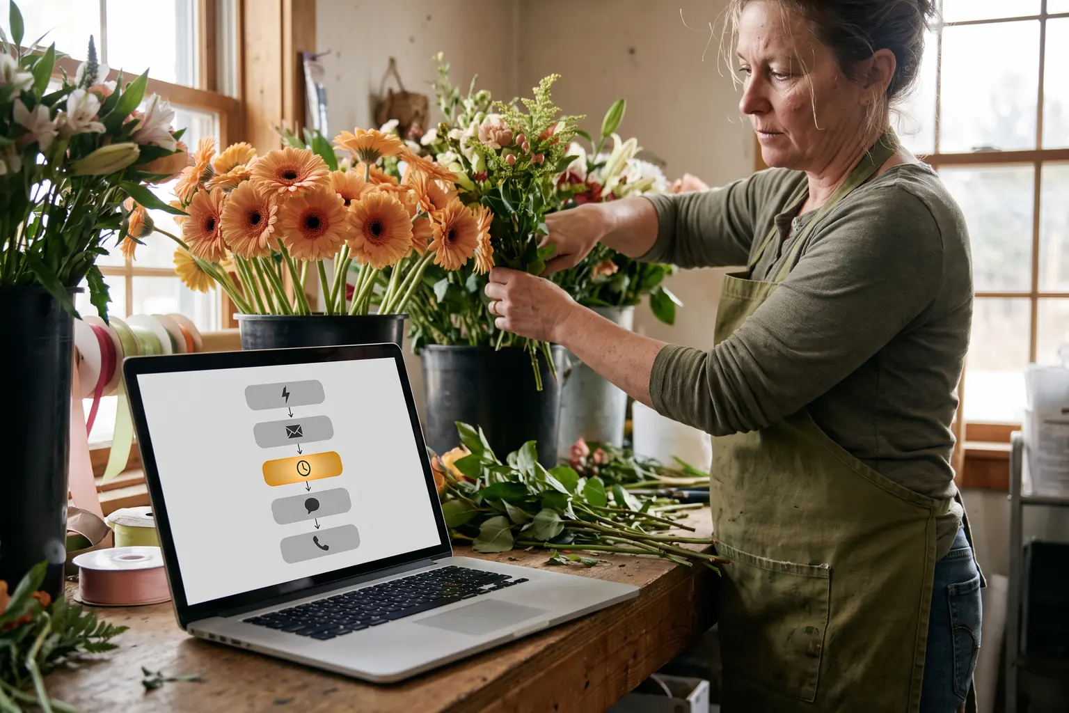 An open laptop on a florist's workbench shows a column of five linked steps with icons for a trigger, an email, a timer, a message and a phone call, while the florist behind it arranges orange gerbera daisies.