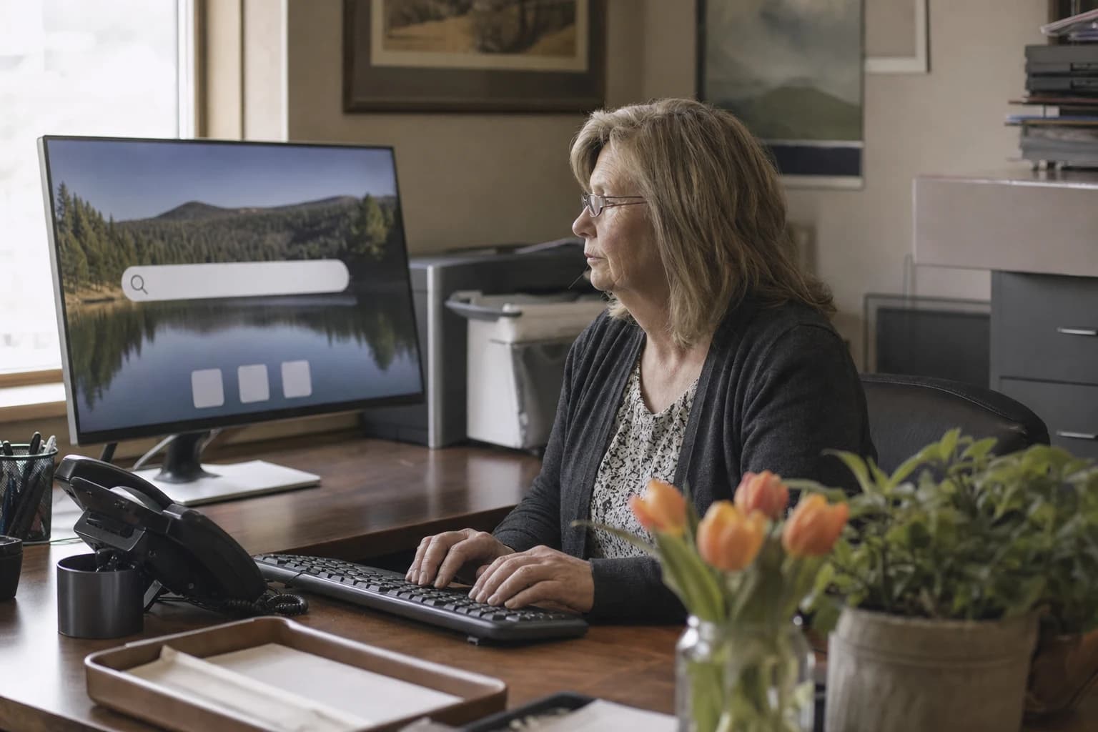 A woman in glasses and a dark cardigan types at an office desktop computer whose wide monitor shows a search bar over a full-screen photograph of a lake and pine hills, orange tulips in a jar on the desk.