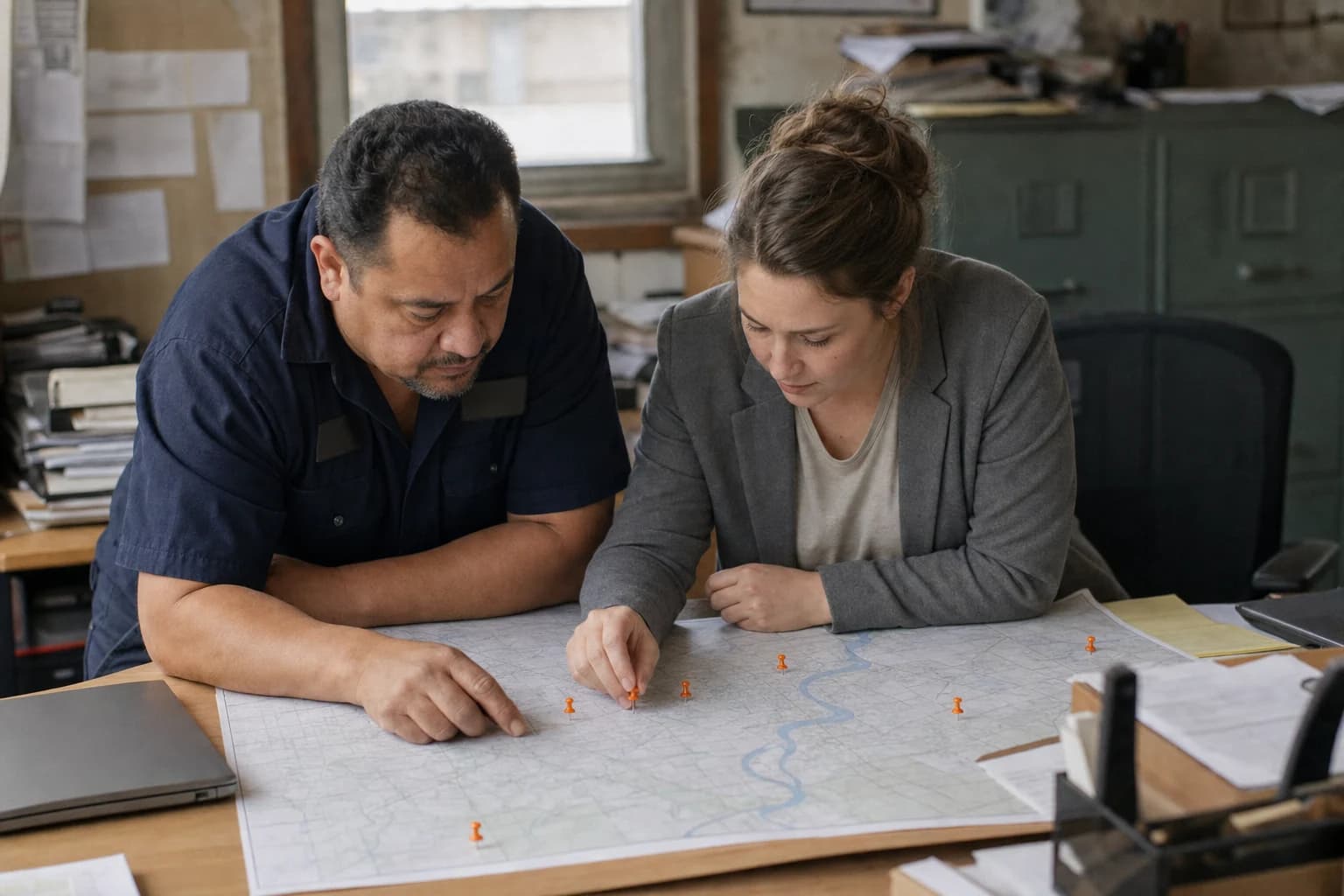 A man in a navy work shirt and a woman in a grey blazer lean over a large area map on an office table as she presses one of several orange pins into it.