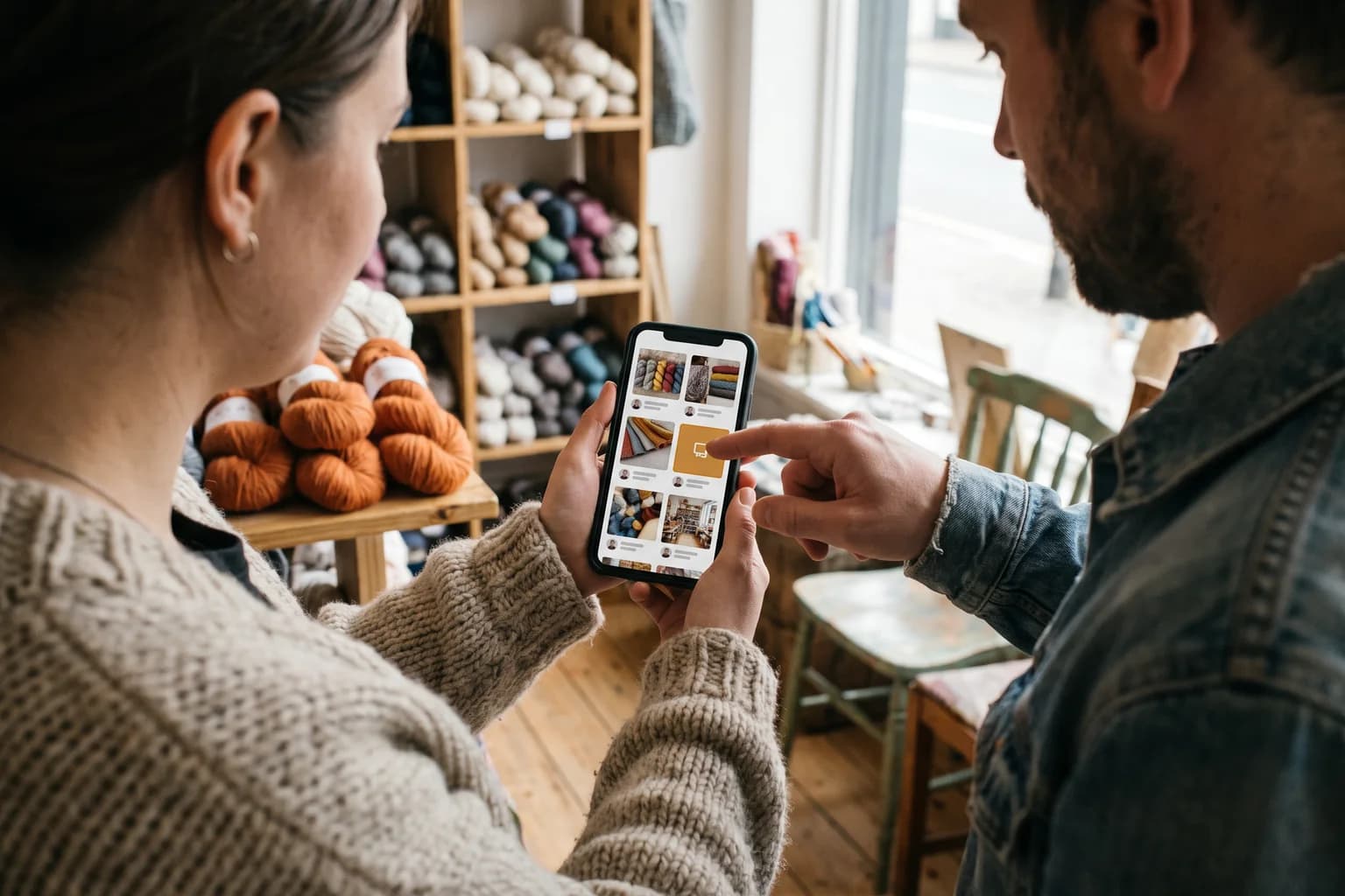 Seen over their shoulders in a yarn shop, two people look at a phone showing a grid of photo tiles with one tile outlined in orange, a finger pointing at it, and shelves of coloured yarn beyond.