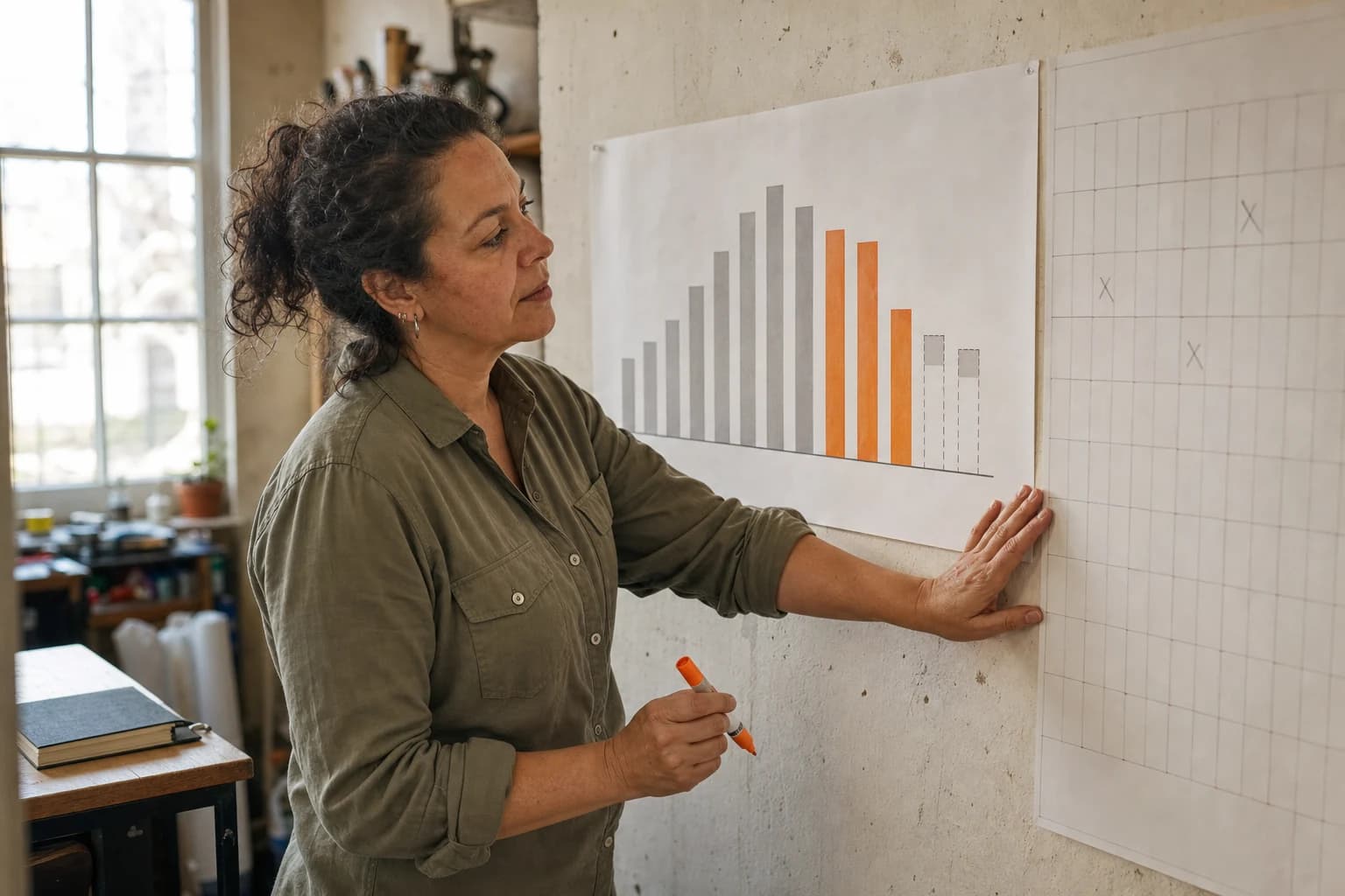 A woman with dark curly hair holds an orange marker beside a large printed bar chart pinned to a wall, its tallest bars coloured orange and its last bars drawn as dashed outlines, with a blank wall calendar pinned next to it.