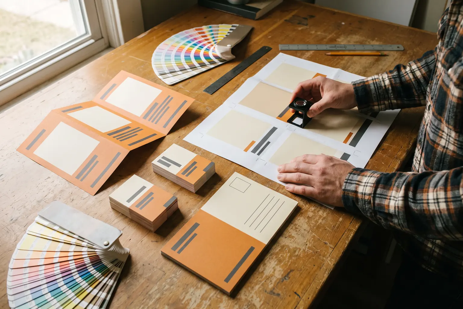 A designer's hands hold a small black loupe on the corner of a printed proof sheet, surrounded by a matching brochure, stacks of business cards and a postcard in orange, cream and charcoal, with two colour swatch fans opened out beside them.