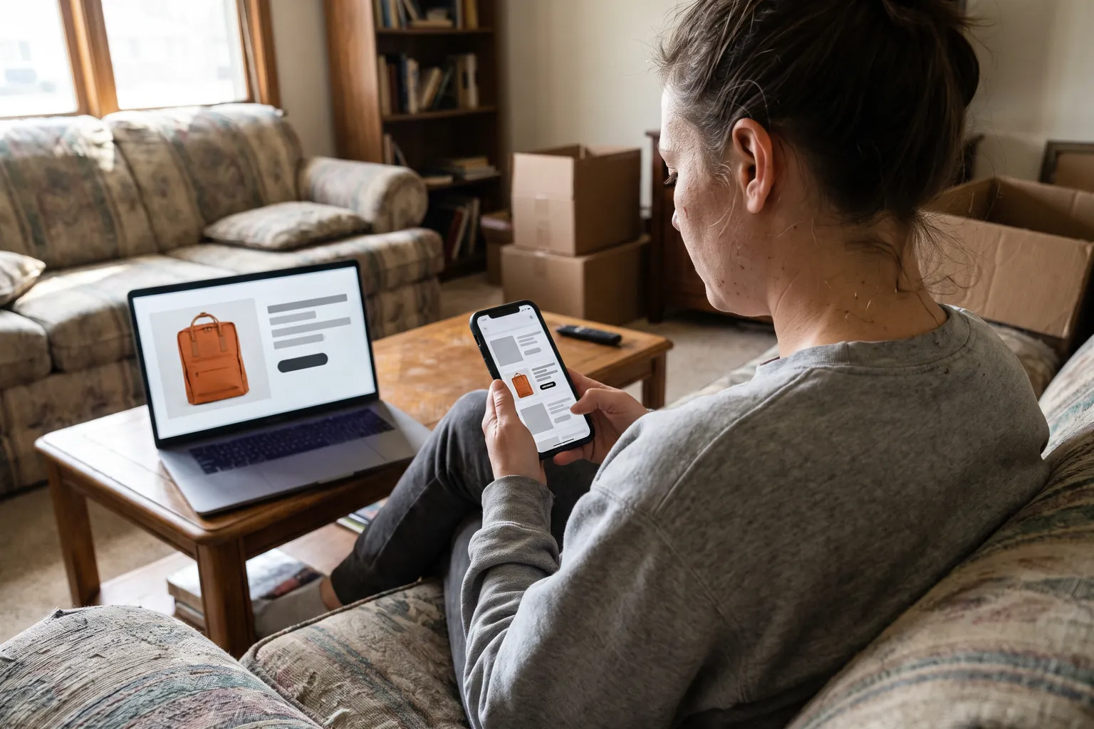 Seen over her shoulder on a sofa, a woman scrolls a phone showing a small ad for an orange backpack, the same backpack that fills the product page on the laptop open on her coffee table.