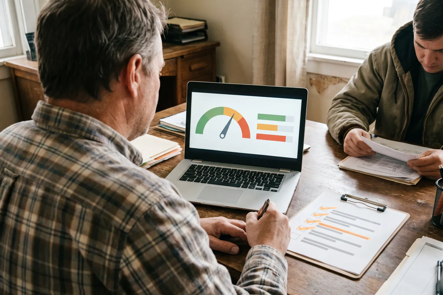 Seen over his shoulder, a man with a pen works down a printed checklist with rows highlighted in orange, in front of a laptop showing a dial gauge and green, amber and red bars.