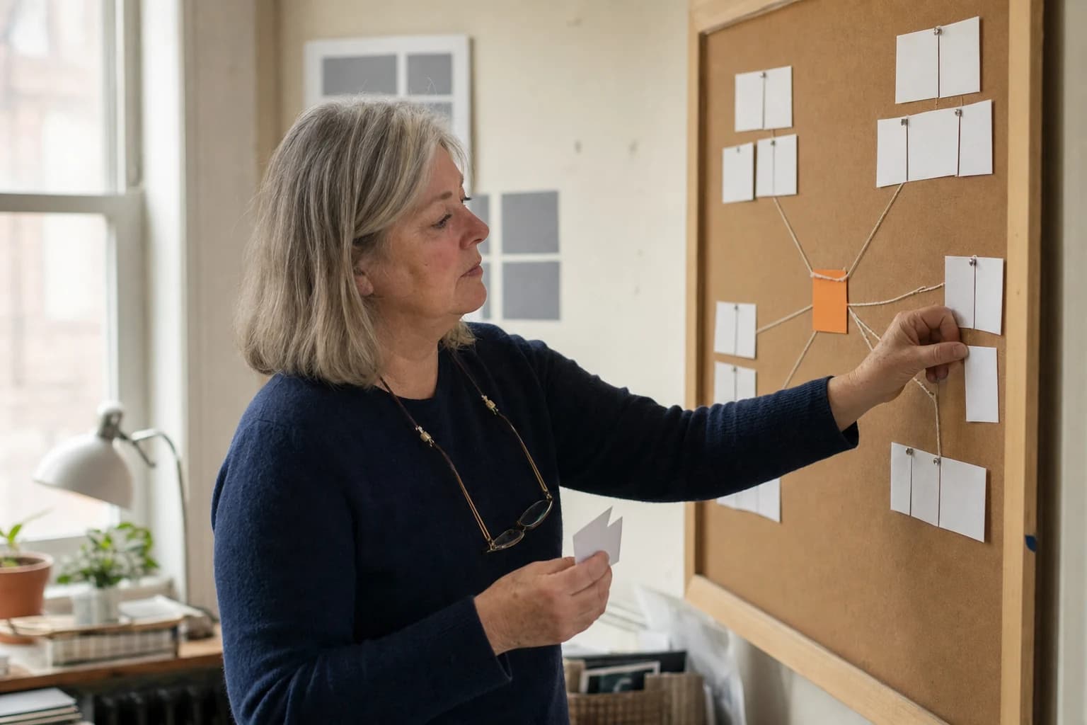 A grey-haired woman in a navy sweater pins a blank index card to a cork board where threads run from one orange card at the centre out to clusters of white cards.