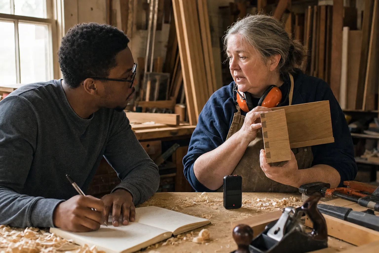A cabinetmaker in a canvas apron, orange ear defenders around her neck, holds up a dovetailed drawer corner and explains it to a young man in glasses who takes notes across the workbench, a small voice recorder standing between them.