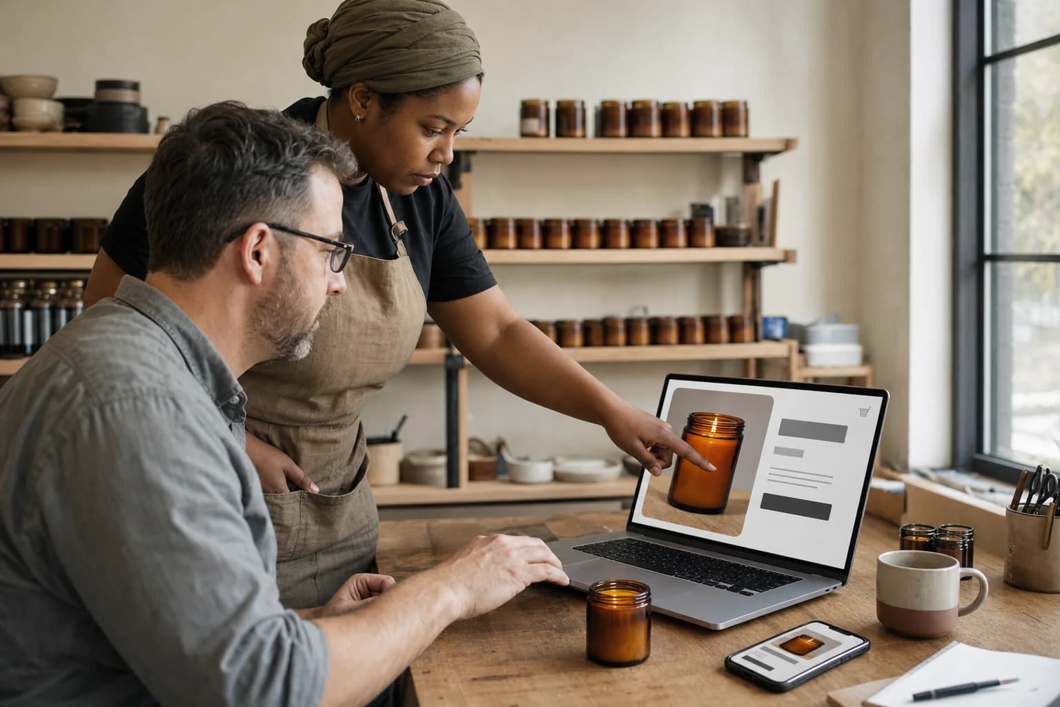 A candle maker in an apron and head wrap points at the product photo on a laptop used by a man in glasses, the screen showing an amber jar candle beside a buy button, with the same candle and a phone on the workbench.
