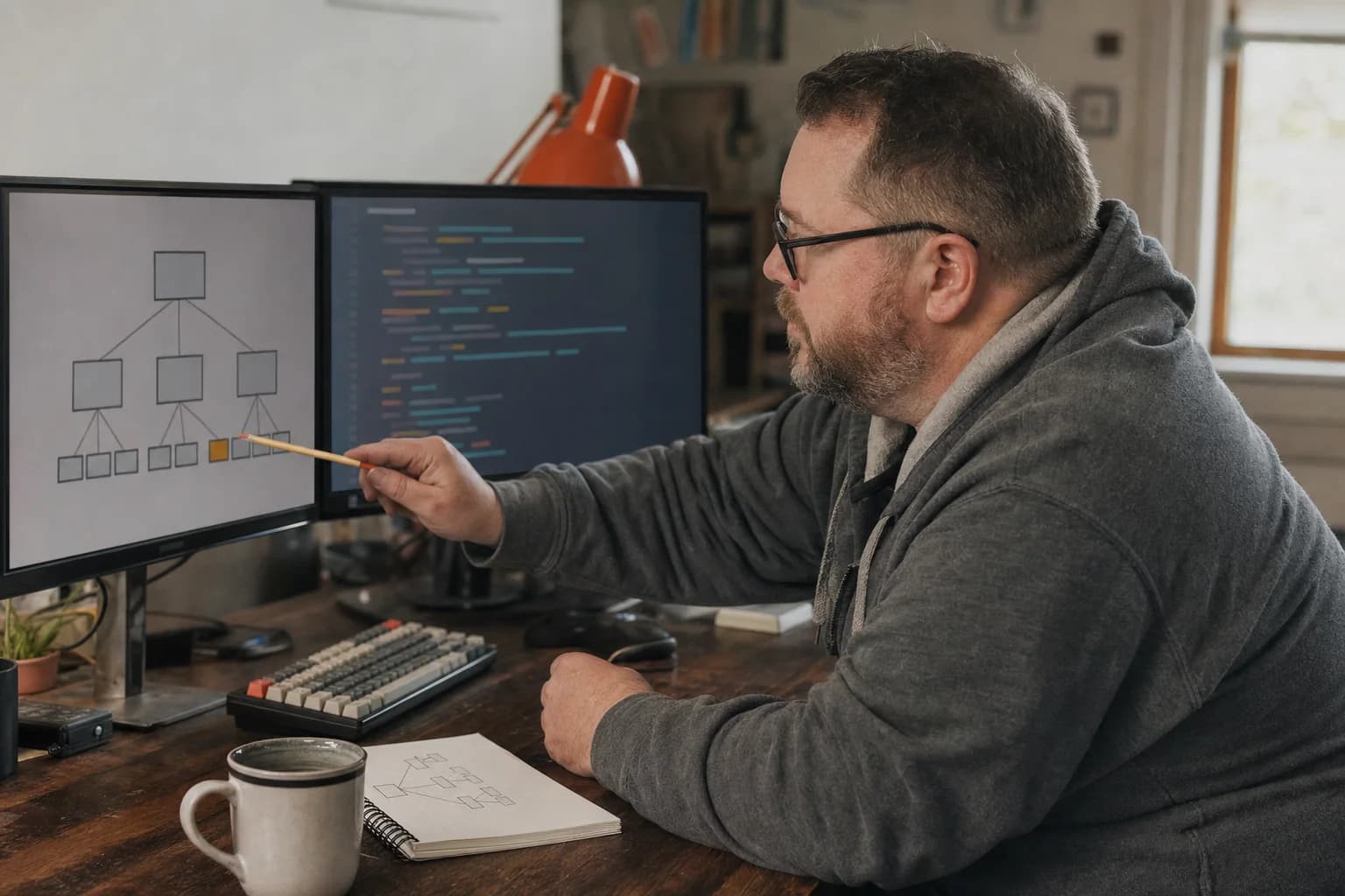 A bearded man in glasses and a grey hoodie points a pencil at a site structure diagram on one monitor, with lines of code on a second monitor and a sketched tree of boxes in the notebook on his desk.