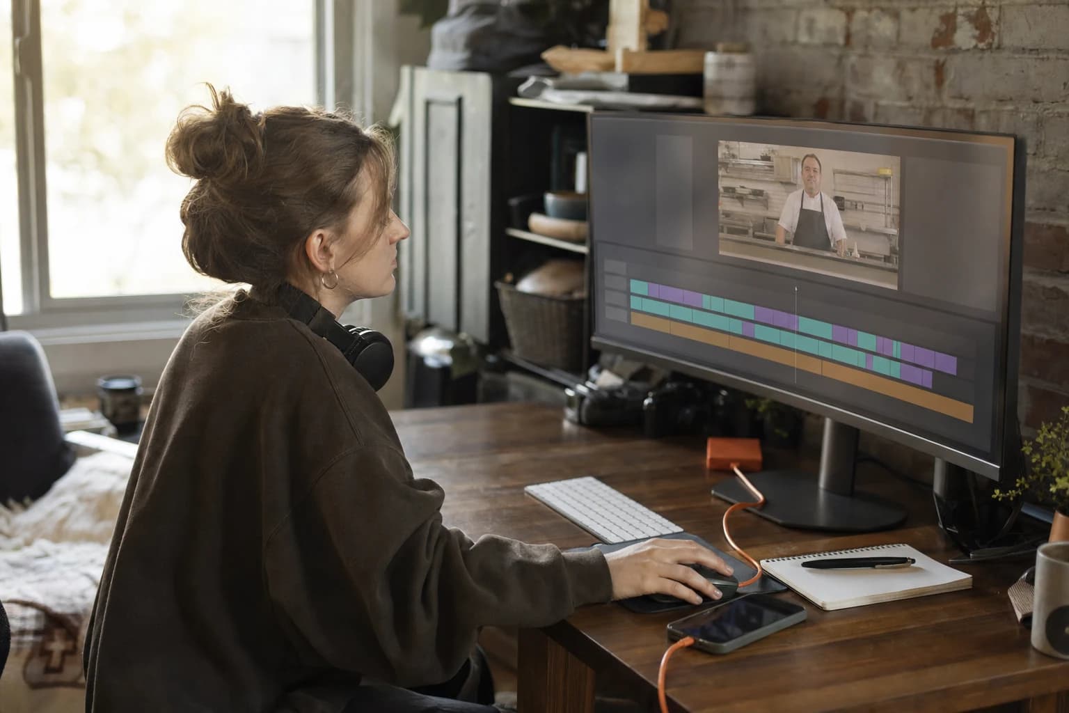 A young woman with headphones around her neck edits video at a wide monitor showing a chef in a kitchen above a timeline of coloured clips, a phone plugged in by an orange cable on the desk beside her.