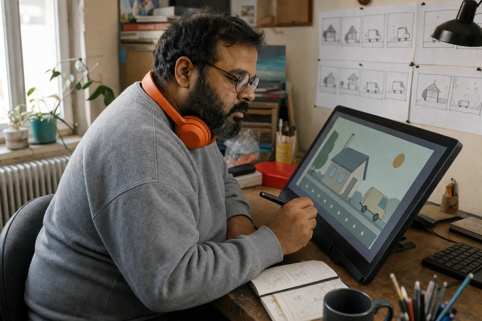 A bearded man in round glasses with orange headphones around his neck draws with a stylus on a tilted pen display showing a simple cartoon of a house and a van, beneath storyboard sheets of sketched frames pinned to the wall.
