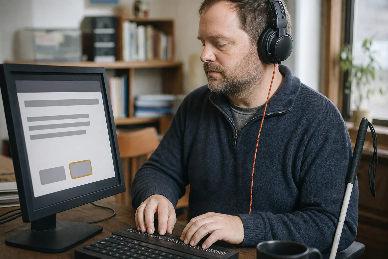 A bearded man wearing headphones sits with his eyes lowered and his fingers on a braille display in front of a keyboard, a white cane beside him and a monitor showing a page with one button ringed by an orange focus outline.