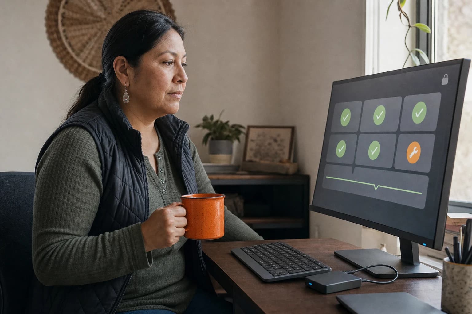 A woman in a quilted vest holds an orange mug and looks at a monitor showing a board of green tick tiles, one orange wrench tile and a steady line graph, a small backup drive plugged in beside the keyboard.