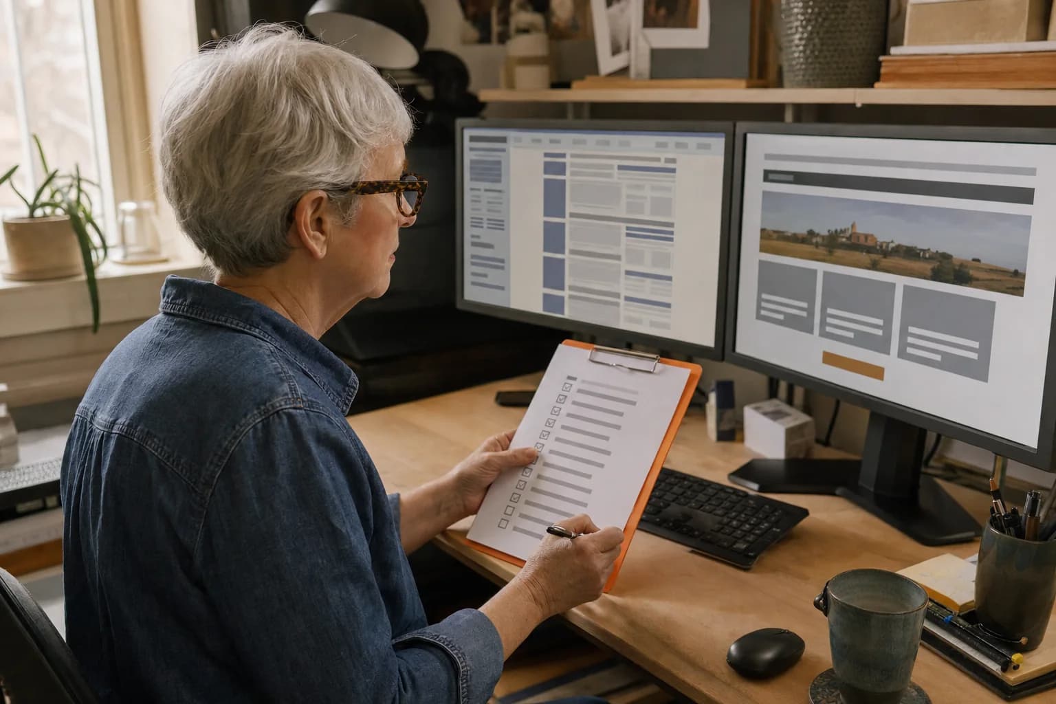A silver-haired woman in glasses and a denim shirt holds an orange clipboard with a ticked checklist as she compares two monitors, one showing a crowded old page layout and the other a clean new one with a single orange button.