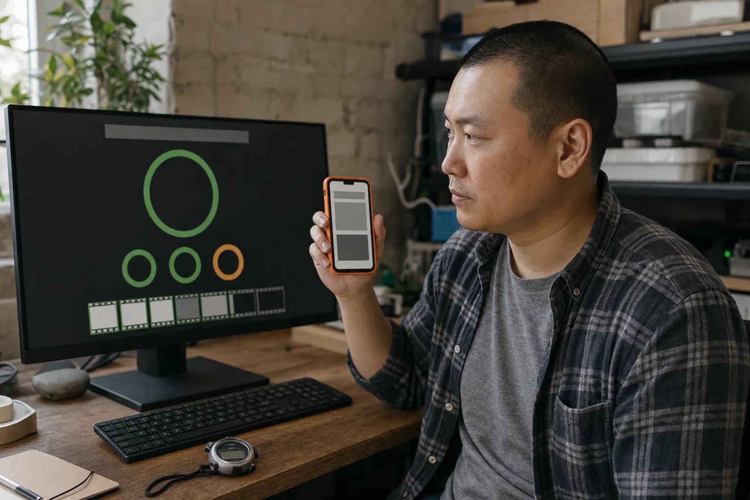 A man in a plaid shirt holds up a phone showing a half-loaded page beside a monitor that shows green ring gauges and a filmstrip of loading frames, a stopwatch lying on the desk.