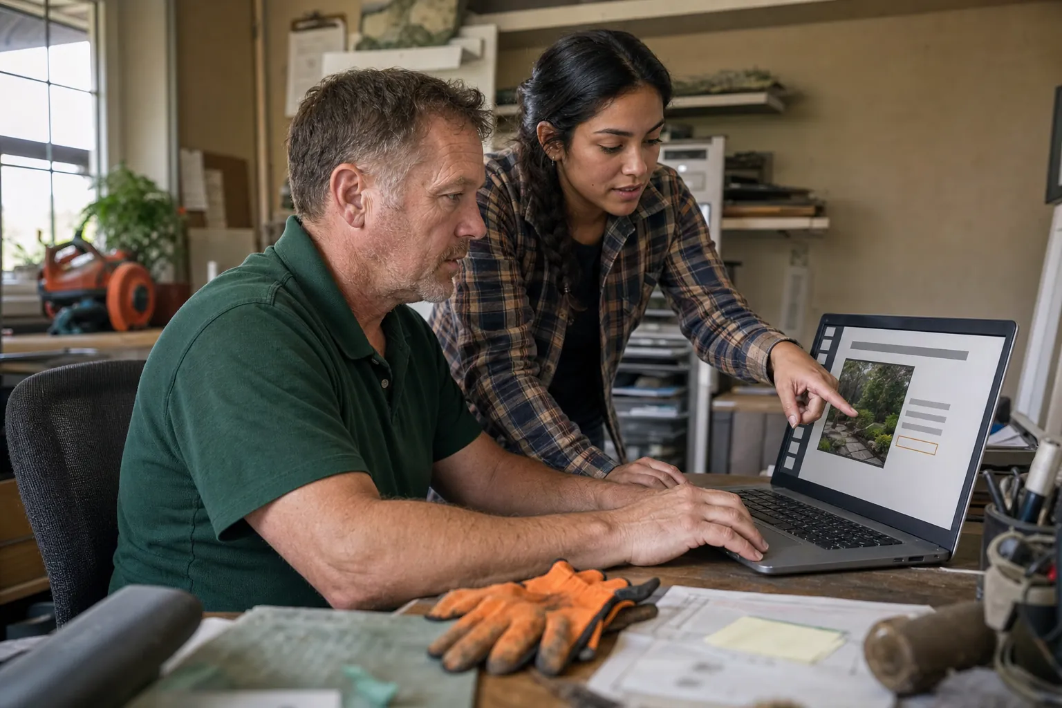 A man in a green polo shirt works at a laptop while a young woman in a plaid shirt leans in and points at the page editor on its screen, a pair of orange work gloves on the desk in front of them.