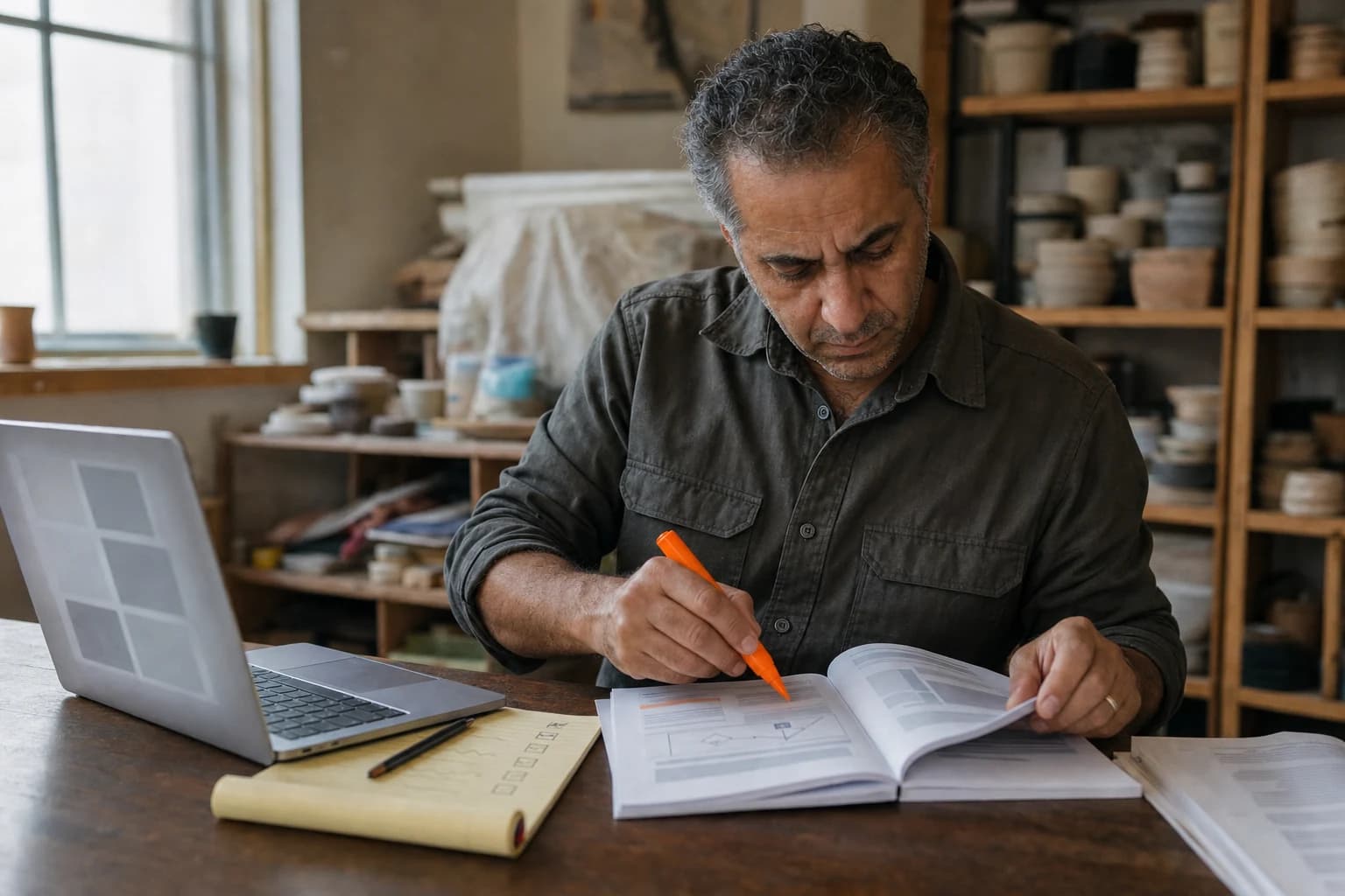 A man in a dark work shirt sits at a table in a pottery studio marking a printed guide with an orange highlighter, beside an open laptop and a legal pad of ticked checkboxes.