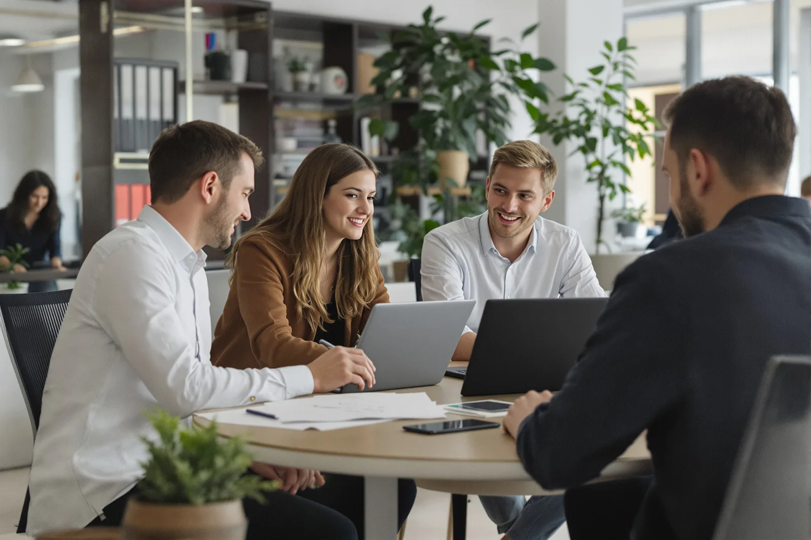 Marketing team collaborating around a table in a bright office