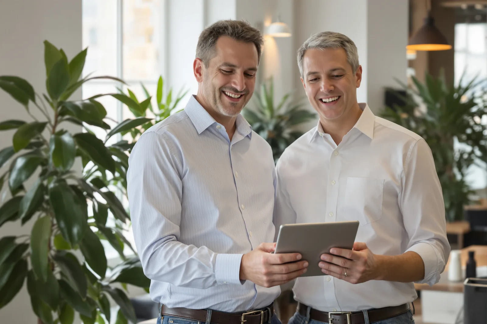 Business owner and consultant reviewing results on a tablet in a bright office